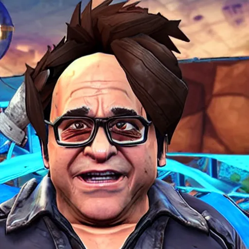 Prompt: a screenshot of danny devito in the video game borderlands 2. 3 d rendering, unreal engine. amazing likeness. very detailed. cartoon caricature