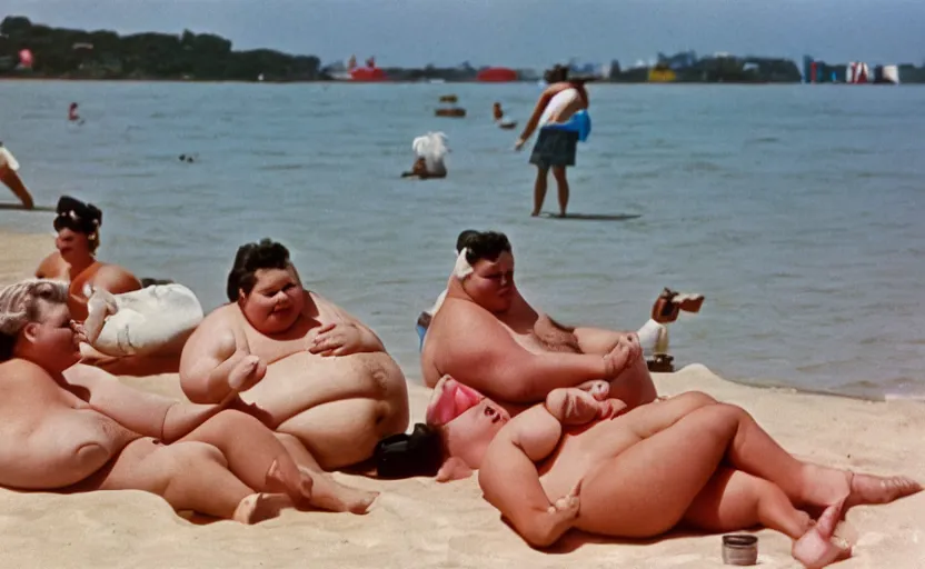 Image similar to 50s movie still: obese people sunbathing at the Polish seaside, by David Bailey, Cinestill 800t 50mm eastmancolor, heavy grainy picture, very detailed, high quality, 4k, HD criterion, precise texture, realistic human anatomy