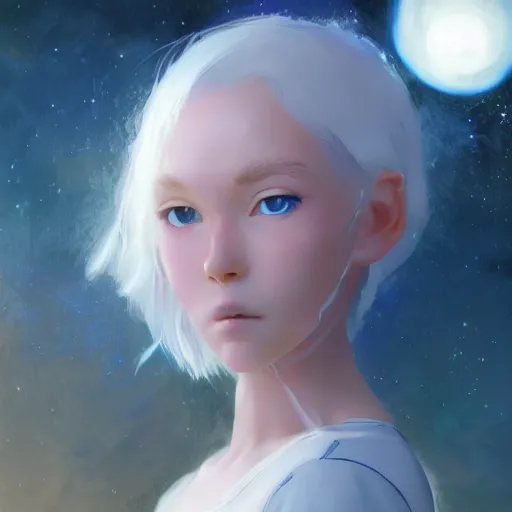 Prompt: portrait of a cute blue-eyed girl with white hair against the background of space, painting by Craig Mullins, octane rendering, soft morning lighting, wide angle lens, in the style of Hayao Miyazaki, trending on artstation,