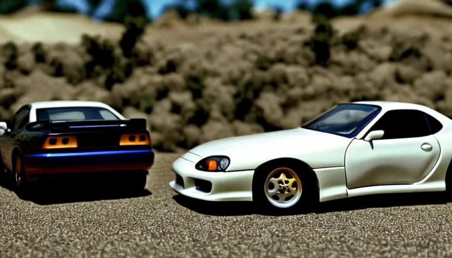 Prompt: The Fast and the Furious, 2001, Toyota Supra, 1994, 1995, 1996, 1997, 1998, mk4, a80, Hot Wheels, cinematic, 8k, depth of field, bokeh. brian spilner, paul walker, dominic toretto, wide body kit, rocketbunny