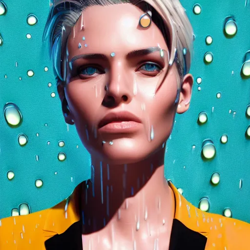 Image similar to stylish woman cartoon portrait made out of rain, pinstripe suit, short blond hair, galactic background, rendered in octane, unreal engine, highly detailed, trending on artstation, realistic, neon, beautiful