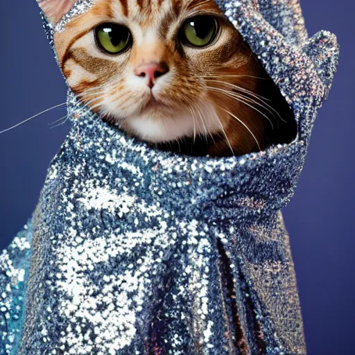 Image similar to a high - quality photo of a stylish cat wearing a sequined designer cloak, hyperrealistic, textured, animal portrait, dark ( ( royal blue ) ), bokeh, f 2. 8