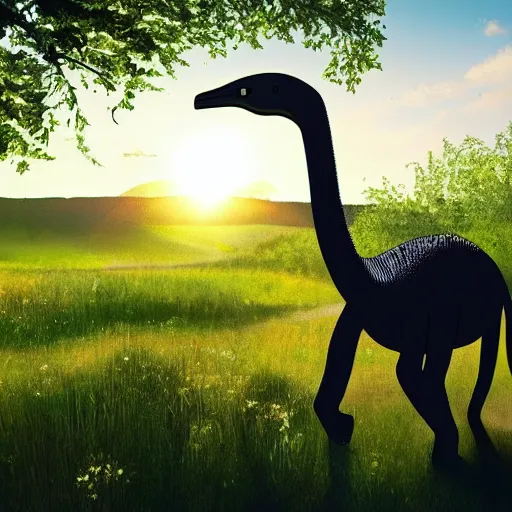 Image similar to a diplodocus lazily walking through a meadow enjoying the summer sun