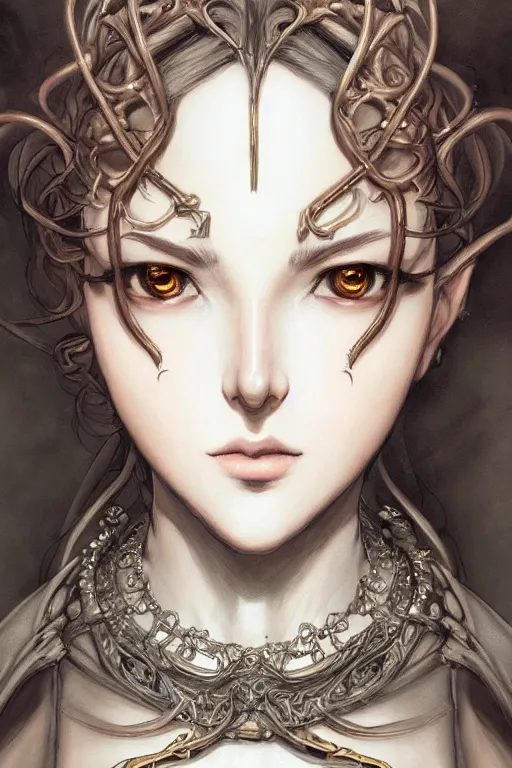 Image similar to portrait of a woman's face, baroque style, elegant, beautiful, mesmerizing, concept art, fancy clothing, highly detailed, artstation, trending, inspired by innocent manga, inspired by castlevania concept art, by ayami kojima, shinichi sakamoto