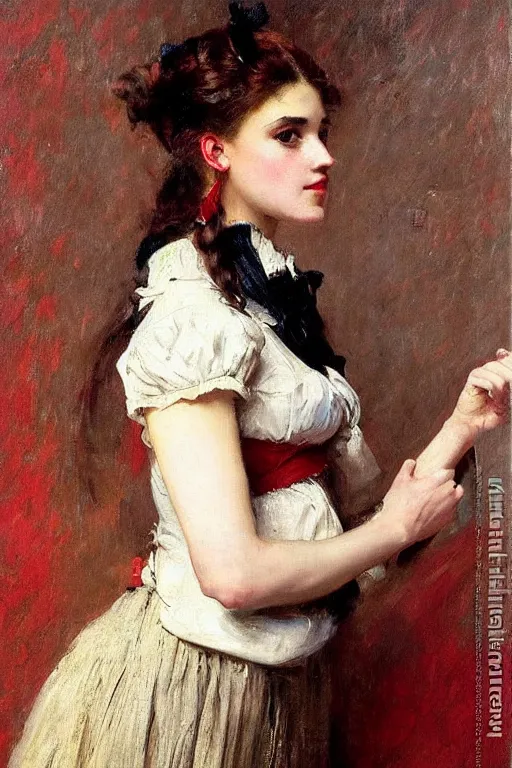 Prompt: Raimundo de Madrazo y Garreta and Solomon Joseph Solomon and Richard Schmid and Jeremy Lipking victorian genre painting full length portrait painting of a young beautiful woman traditional german french barmaid in fantasy costume, red background