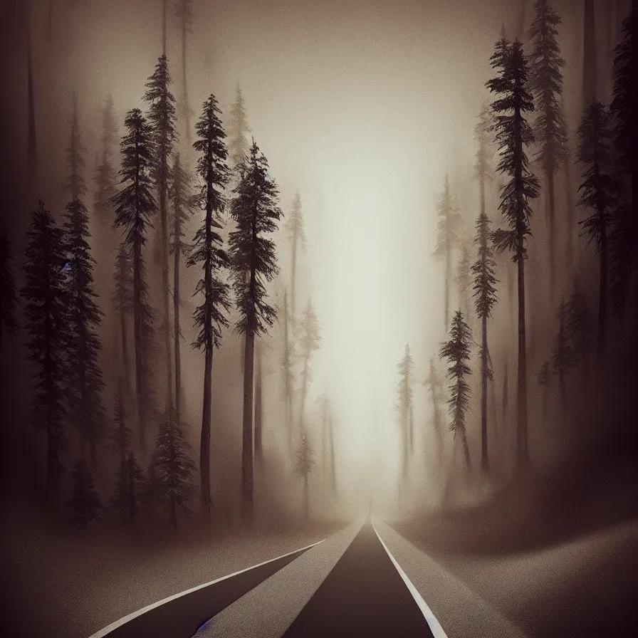 Prompt: surrealist abstract ink artwork of a road leading down the horizon through giant pine forests down a rocky mountain coast towards a majestic sunset. atmospheric foggy landscape, soft sepia tones, psychedelic, ultra realistic, concept art, modern art, photorealistic, octane render.