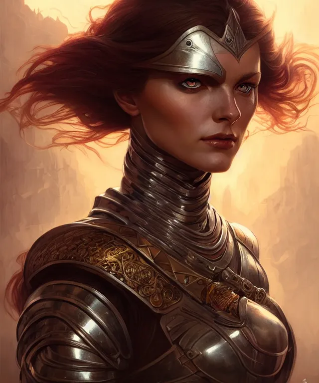 Image similar to Muscular and powerful medieval knight woman portrait, sci-fi, amber eyes, face, long hair, fantasy, intricate, elegant, highly detailed, digital painting, artstation, concept art, smooth, sharp focus, illustration, art by artgerm and greg rutkowski and alphonse mucha