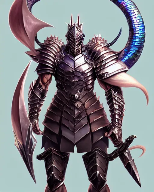 Image similar to Full body character concept art of an anime draconian warrior knight, iridescent scales, cool face, muscular, by Stanley Artgerm Lau, WLOP, Rossdraws, James Jean, Andrei Riabovitchev, Marc Simonetti, and Sakimichan, tranding on artstation