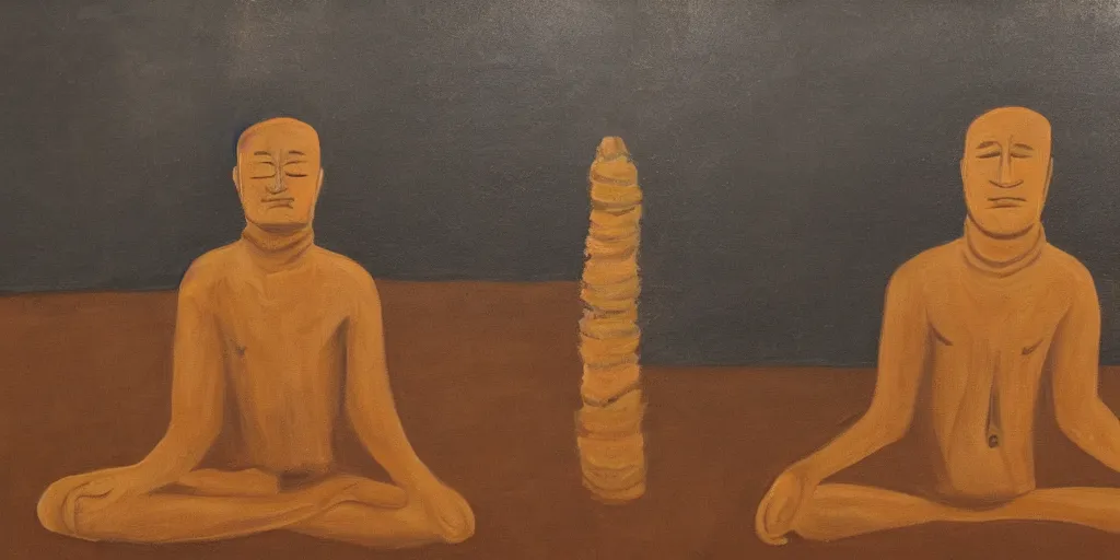 Image similar to a paiting of a golden faceless man in meditation position