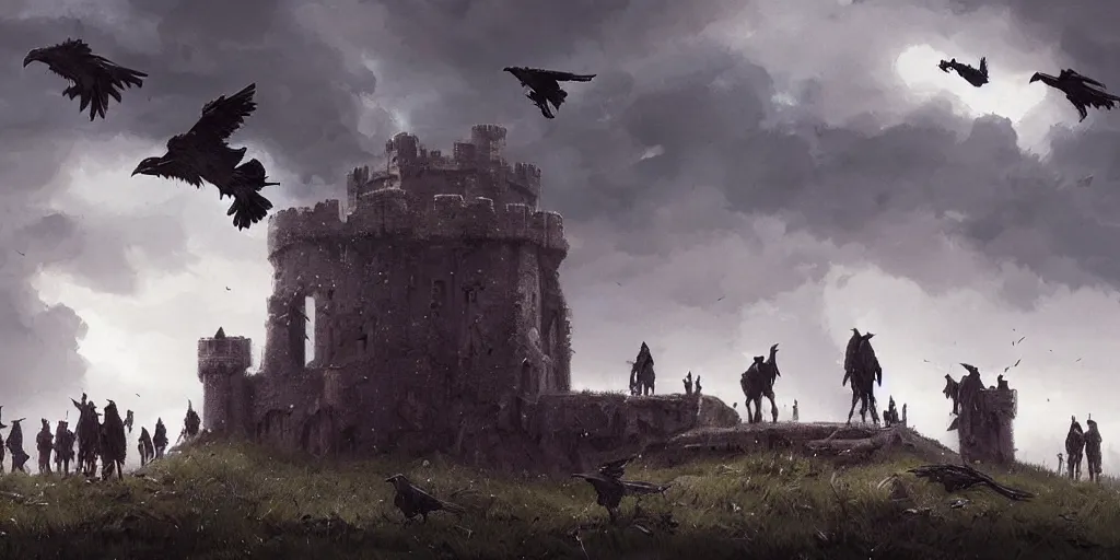 Image similar to A group of Ravens sit around a fallen solider, a medieval castle in the distance, dark fantasy, stormy sky, lightning, digital art by Greg Rutkowski and Studio Ghibli