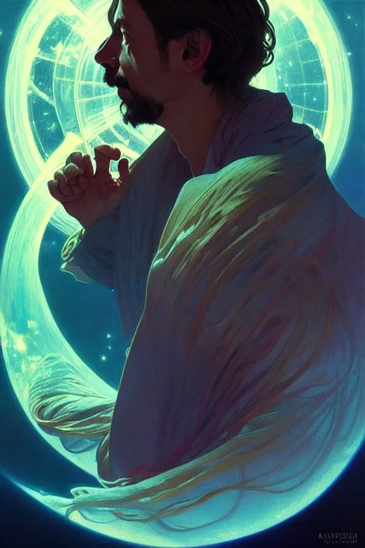 Image similar to alan watts floating in the universe full body painting highly detailed dramatic lens lighting by artgerm and greg rutkowski and alphonse mucha and simon stalenhag artstation