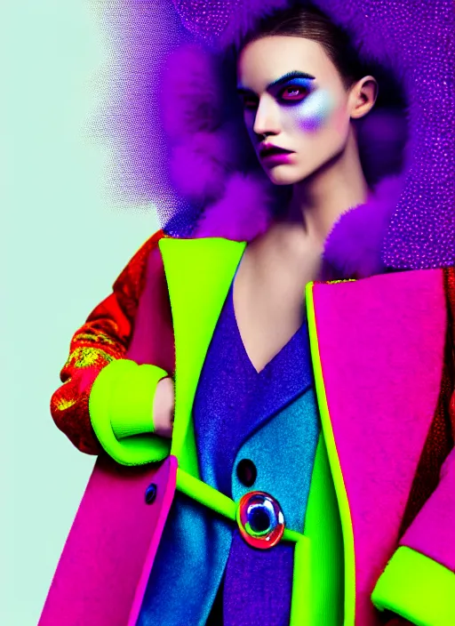 Image similar to coat for a rave, bright colors, many details, prints, photo for a magazine, photo for a store, fashion photography, Vogue, 135 mm, cinematic, hyper realism, high detail, octane render, 8k, chrome accents