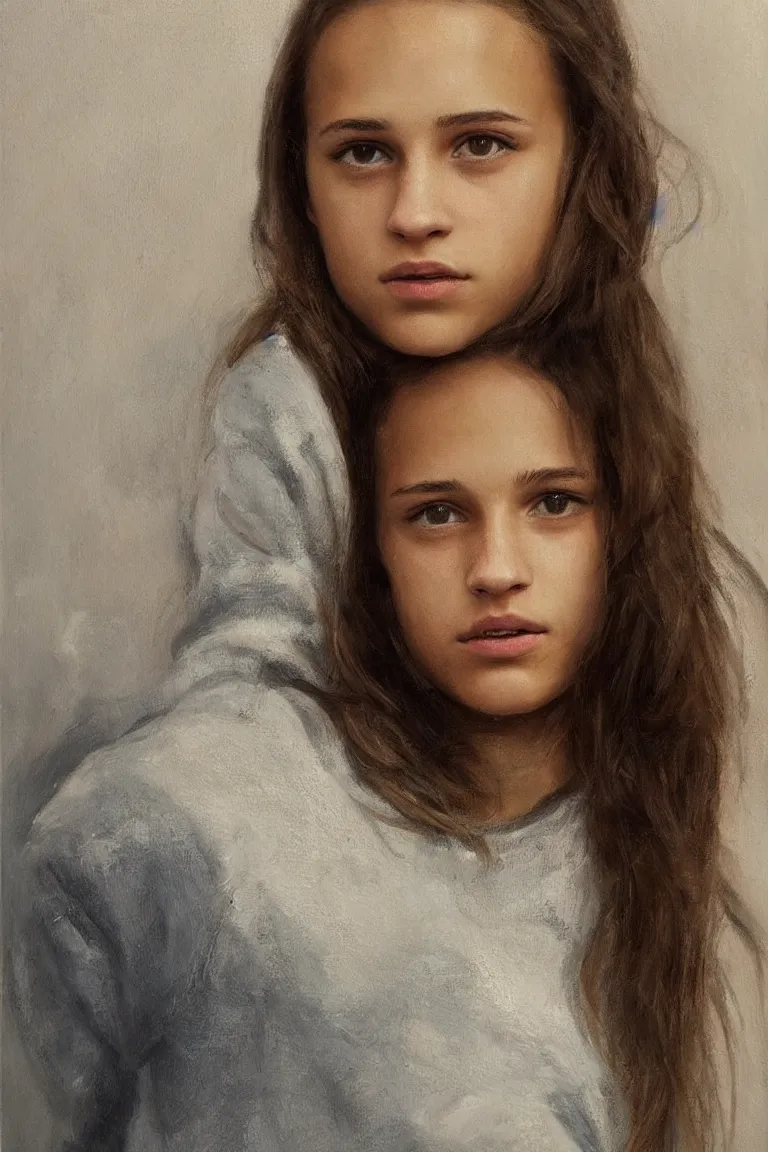 Prompt: portrait of teenage Alicia Vikander in a big old oversized sweatshirt. pollutionpunk, oil on canvas by William Turner, oil on canvas, trending on artstation