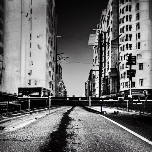 Image similar to impending disaster on an empty street, tense atmosphere, dark shadows, noir style, sharp lines