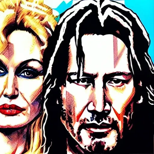 Image similar to American Gothic, with Keanu Reeves and Dolly Parton, by MARVEL comics and Sandra Chevrier