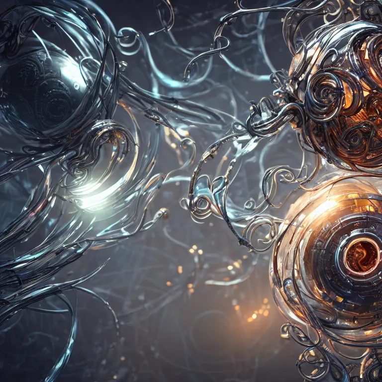 Image similar to swirling abstract cyborg parts and bio - mechanical tendrils and ornate flowing smoke streams and smooth particle effects surround a small metallic sphere, cinematic, unreal engine