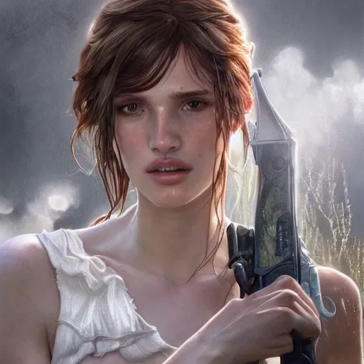 Image similar to ultra realistic illustration, bella thorne as elle in last of us, intricate, elegant, highly detailed, digital painting, artstation, concept art, smooth, sharp focus, illustration, art by artgerm and greg rutkowski and alphonse mucha