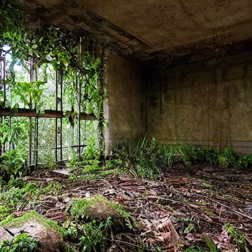 Image similar to abandoned, overgrown, underground bunker. jungle room.