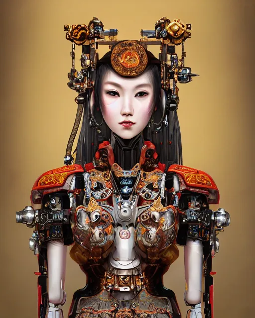 Image similar to upper half portrait of a female robot with machine head gear cyberpunk face accessories, decorated with chinese opera motifs, royal, fine china, wuxia, traditional chinese art intricate intense elegant highly detailed digital painting artstation concept art smooth sharp focus illustration, art by mike nash and artgerm and alphonse mucha and vania zouravliov, 8 k