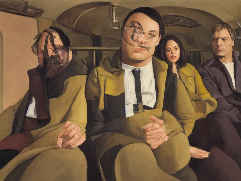 Prompt: an oil painting by Grant Wood, a low angle medium shot of two people sitting in an empty Chicago subway train, in front of windows: a sad Aubrey Plaza wearing a parka and a friendly Mads Mikkelsen in a suit