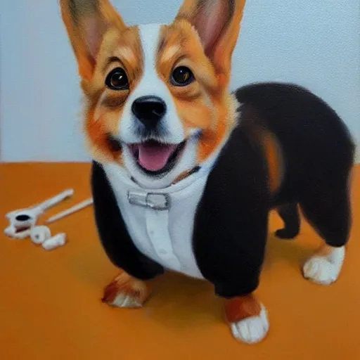 Image similar to oil painting, a developer corgi in a suit, intricate, masterpiece, artstation, stunning