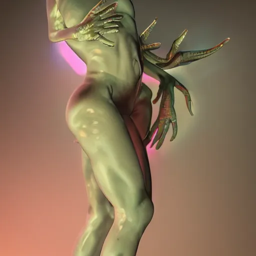 Image similar to born again christian tiktok influencer jumping and talking about how aliens are real only if you eat crayons because they see the phosphorescence in your boddy, in the style of james jean, artstation trending, 8 k, 3 d render, photorealistic, volumetric lighting caustics, pink