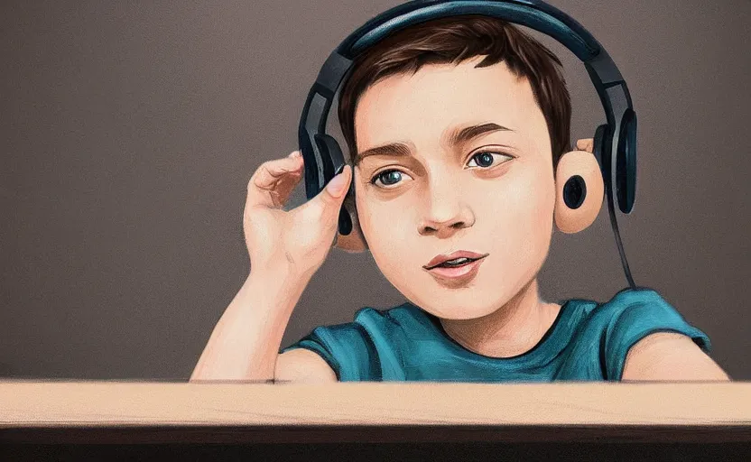 Image similar to a boy with headphones sitting on a table in a cafe with a coffee, digital art, digital painting, masterpiece, concept art, trending on deviantart, highly detailed, high quality, anatomically correct, five fingers, cinematic, high coherence, soft lighting, soft colors, beautiful, elegant, short black hair, 4 k, symmetrical, realistic and detailed face, cartoon