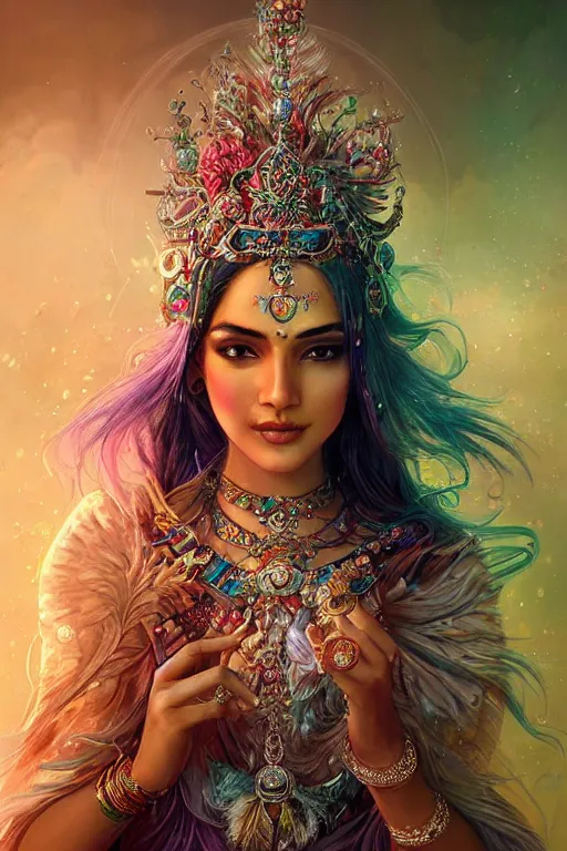 Image similar to beautiful indian model wearing crystal crown full of jewels and feathers, warhammer, cyberpunk, 3 d render, hyper realistic detailed portrait, holding magic flowers, scifi, fantasy, hyper detailed, octane render, concept art, peter mohrbacher, artgerm, ruan jia, wlop