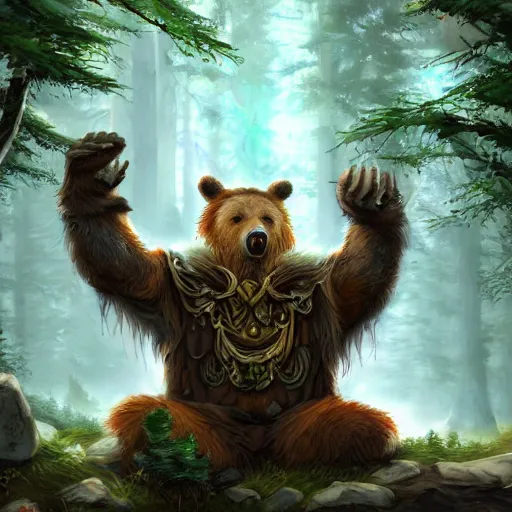 Image similar to elven druid summoning bears in the forest, d & d inspired, trending on artstation, ultra fine detailed, hyper detailed, hd, concept art, digital painting