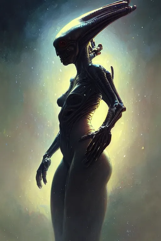 Image similar to alien superstar profile picture by Greg Rutkowski, dynamic pose, matte painting, intricate, fantasy concept art, elegant, by Stanley Artgerm Lau, WLOP, golden ratio, thomas kindkade, alphonse mucha, loish, norman Rockwell,