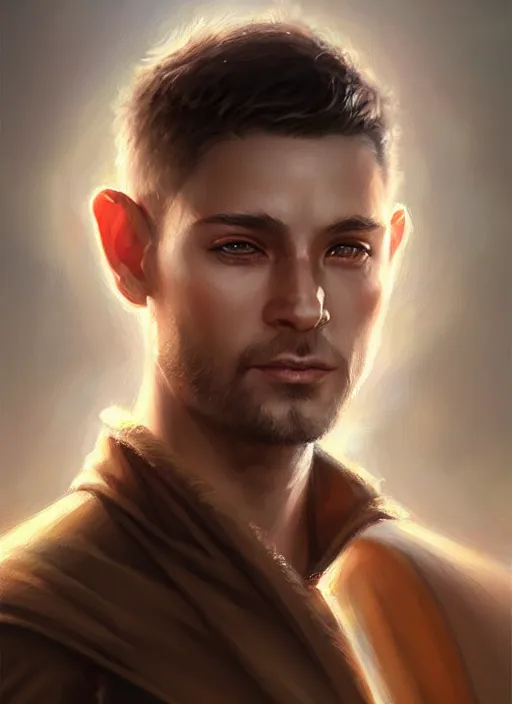 Image similar to a _ fantasy _ style _ portrait _ painting _ of light brown male short hair chiseled face big ears, rpg dnd oil _ painting _ unreal _ 5 _ daz. _ rpg _ portrait _ extremely _ detailed _ artgerm _ greg _ rutkowski _ greg