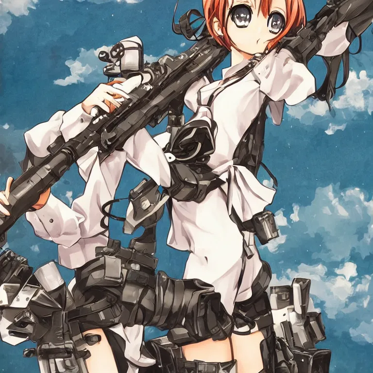 Image similar to beautiful illustration of anime maid holding machine gun, stunning and rich detail, pretty face and eyes, action pose