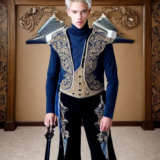 Prompt: medium shot of adult Austin Butler dressed in futuristic-baroque prussian blue duelist-garb with Griffin-Ram embroidery emblem, and nanocarbon-vest and greaves, standing in an arena in Dune 2020, XF IQ4, f/1.4, ISO 200, 1/160s, 8K, RAW, unedited, symmetrical balance, face in-frame