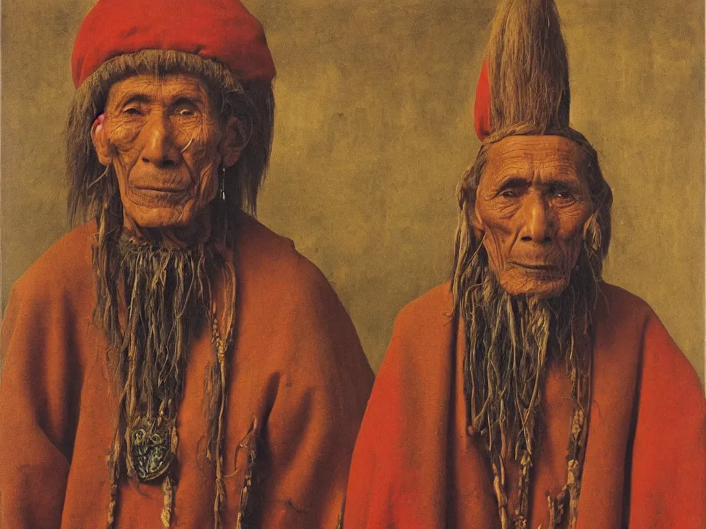 Prompt: portrait of an old Ayahuasca shaman. Painting by Jan van Eyck, August Sander.