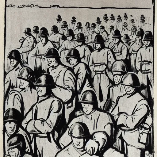 Prompt: imperial german soldiers advancing under cover of mustard gas at the battle of the somme, world war 1, trench warfare, german expressionist woodcut, kathe kollwitz, ernst ludwig kirchner, max beckmann, max pechstein, black and white