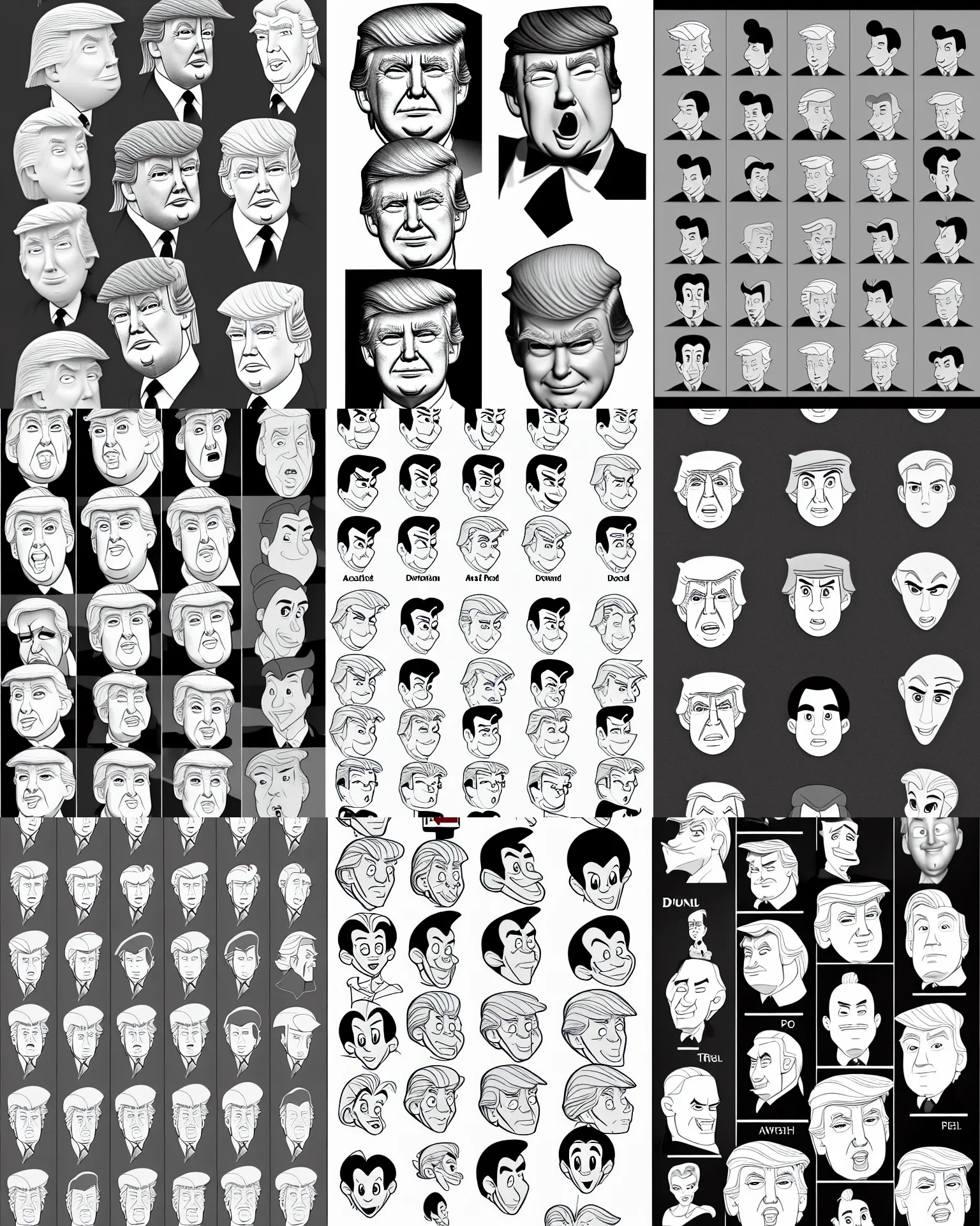 Prompt: !pencil, 2d disney! donald trump detailed close up head expression angles portrait disney animation flat grayscale model sheet styles