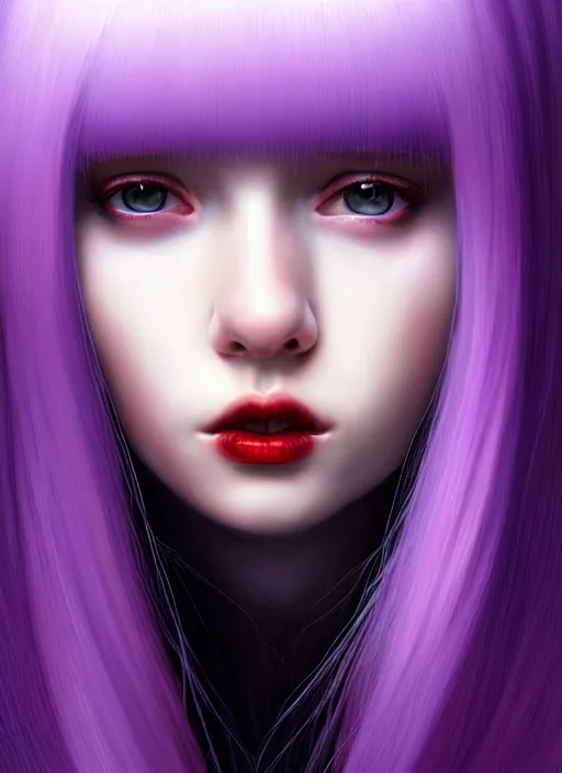 Image similar to hair whitebangs hair, black hair, whitebangs, portrait of teenage girl with white bangs, red irises, purple clothes, white bangs, bangs are different color from hair, intricate, elegant, glowing lights, highly detailed, digital painting, artstation, concept art, smooth, sharp focus, illustration, art by wlop, mars ravelo and greg rutkowski