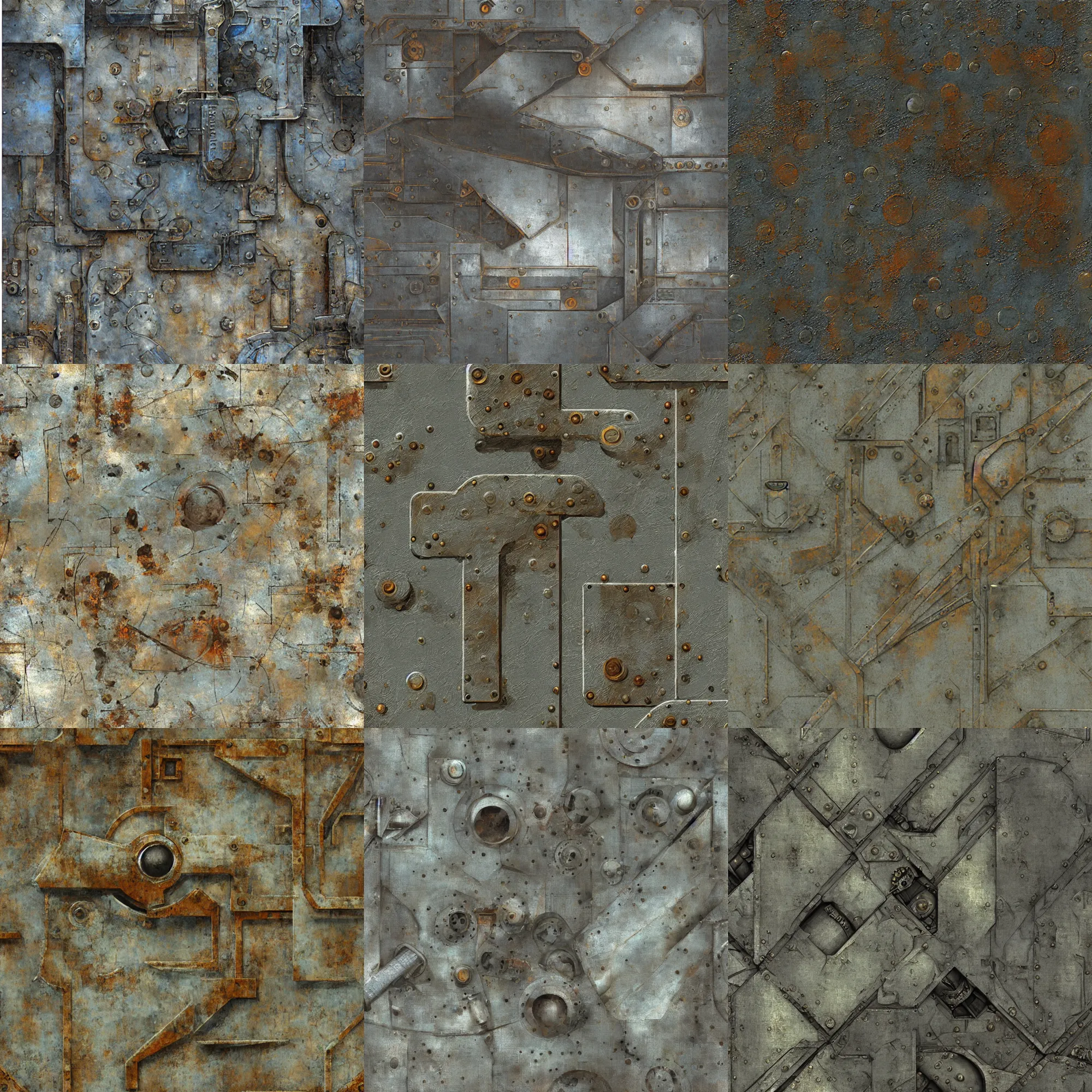 Prompt: scifi, panels, rivets, cut lines, diffuse texture, white paint, bright ( ( ( rusty ) ) ) metal wall seamless game texture, by dean cornwell, nc wyeth, painterly, 4 k, textures. com, high resolution, paintchips