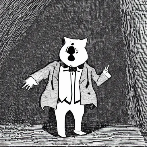 Image similar to a pig in a tuxedo, illustration by Edward Gorey