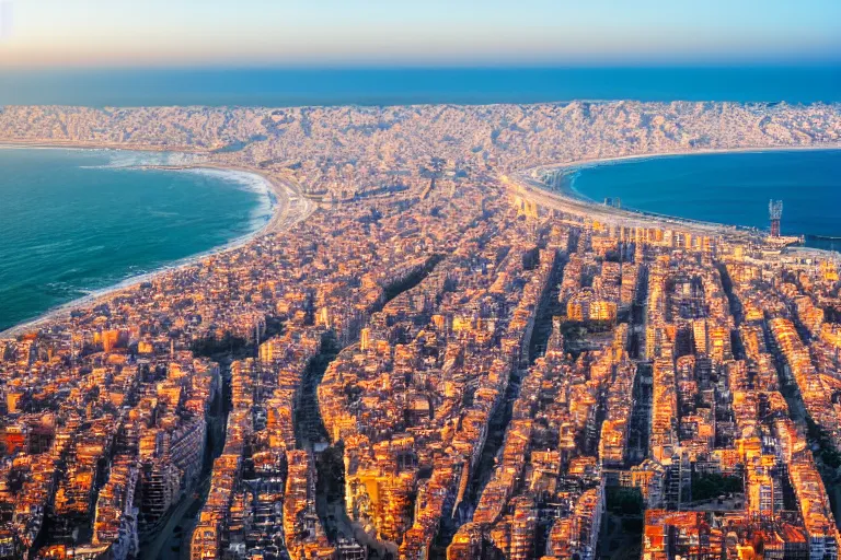 Image similar to air views of dystopian barcelona coast covered with water, global warming, sunset lighting, photo real