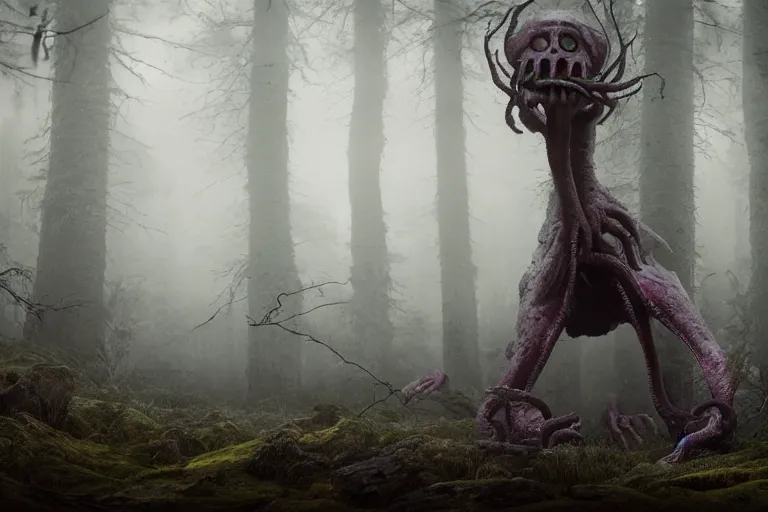 Image similar to creepy eldritch monster in a swedish forest, very low angle photograph, very detailed, trending on artstation, realistic, soft colors, simon stålenhag, lovecraft, horror