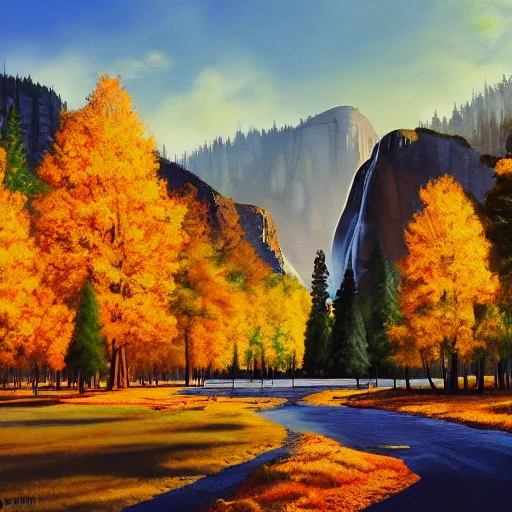 Prompt: painting of Yosemite on an autumn day, in the style of Mark Zuckerberg. Beautiful landscape, great lighting, very detailed, 8k, trending on art station