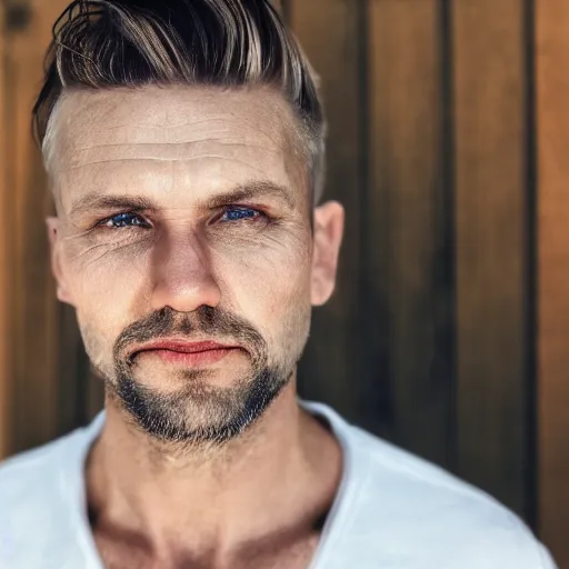 Prompt: close up of face of good looking 4 0 year old slavic blond man with blond stubble, very short wavy blond hair in a short pompadour style, very dark blue eyes, portrait, 4 k