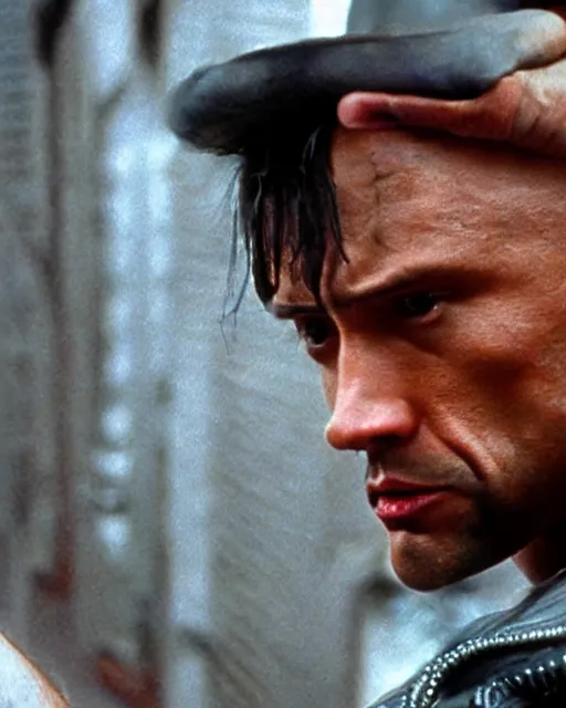 Image similar to Film still close-up shot of Dwayne Johnson as Rocky Balboa from the movie Rocky. Photographic, photography