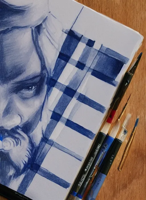 Image similar to painting of jesus drawn with blue pen on checkered notebook sheets,