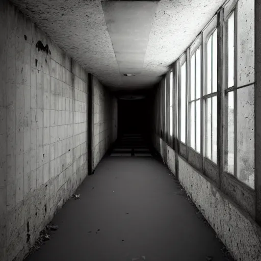 Prompt: a long shadowy decrepit asylum hallway, one point perspective, vanishing point, symmetrical composition, dramatic lighting, by lee madgwick, photorealistic, v - ray render 8 k uhd