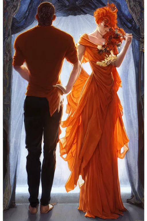 Image similar to bearded young man wearing orange t - shirt and tinfoil hat fastens zipper on beautiful black dress of his spouse before going to exquisite gala art by artgerm and greg rutkowski and charlie bowater and magali villeneuve and alphonse mucha