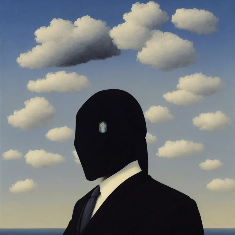 Image similar to portrait of a faceless grim reaper in a suit, clouds in the background, by rene magritte, detailed painting, distance, middle centered, hd, hq, high resolution, high detail, 4 k, 8 k