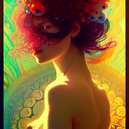 Image similar to A girl having an extremely colorful psychedelic experience, magic mushrooms, psilocybin, face, detailed, intricate, elegant, highly detailed, digital painting, artstation, concept art, smooth, sharp focus, illustration, art by Krenz Cushart and Artem Demura and alphonse mucha