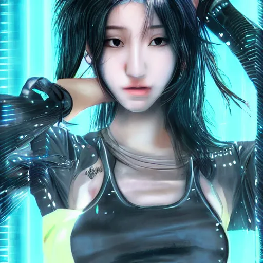 Prompt: cyberpunk k - pop idol in bikini, grunge, dystopia, hyper realism, vivid